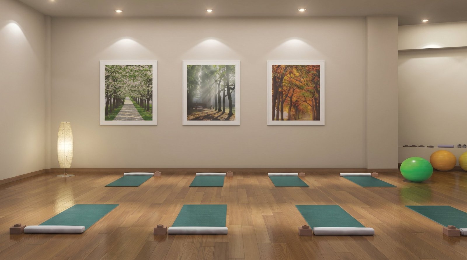 The residents' fitness studio with training mats and framed garden prints
