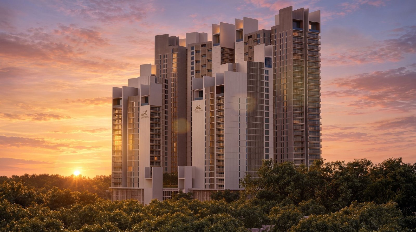 The Palms towers rising above a canopy of mature trees at sunset