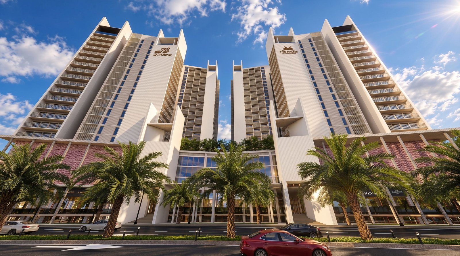The Palms twin towers and podium seen from the palm-lined boulevard