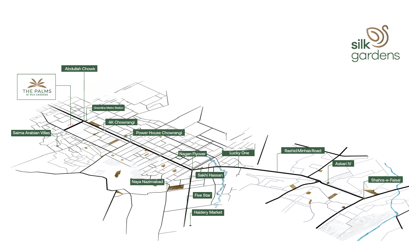 The Palms at Silk Gardens location map showing major roads and nearby landmarks