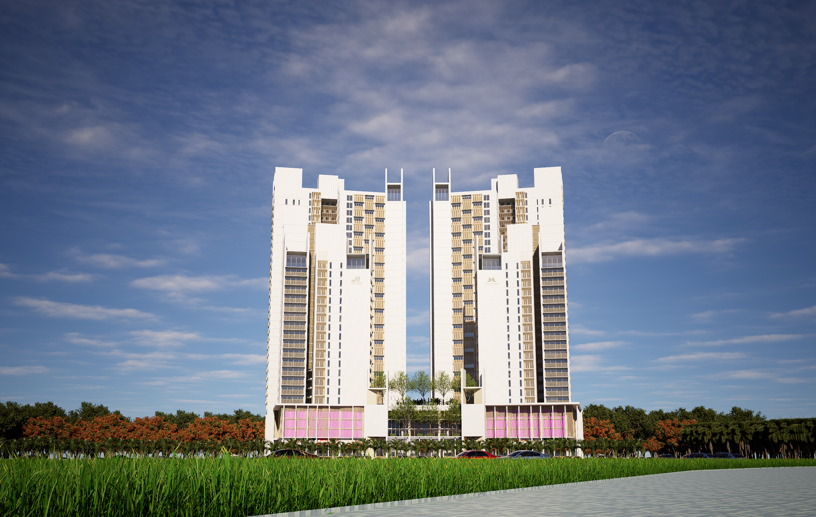 The Palms twin towers rising above the landscaped podium
